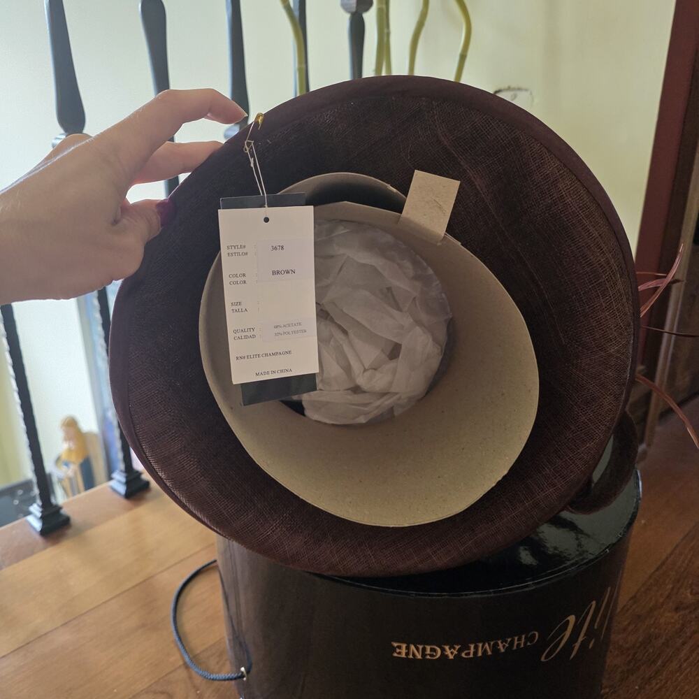 Nwt Elite Champagne Brown And Beige‎ Woven Derby Church Hat W/Feathers And Satin - Picture 4 of 4